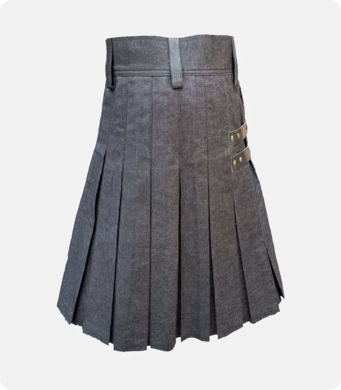 Black Denim Leather Strap Kilt Back