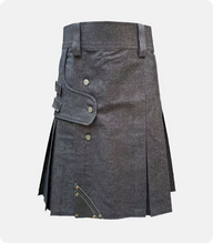 Black Denim Leather Strap Kilt