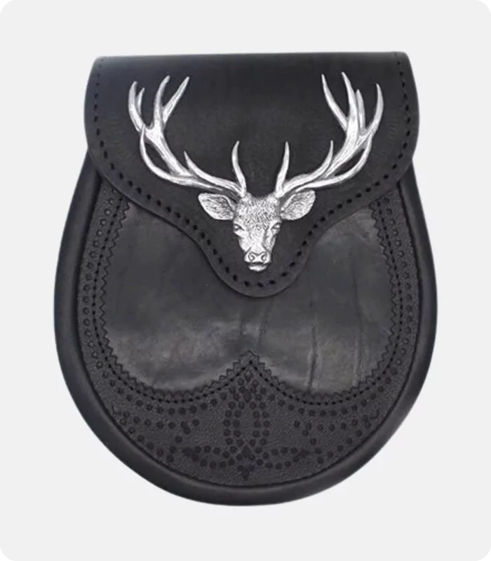 Black Stag Head Designe Leather Sporran