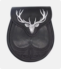 Black Stag Head Designe Leather Sporran
