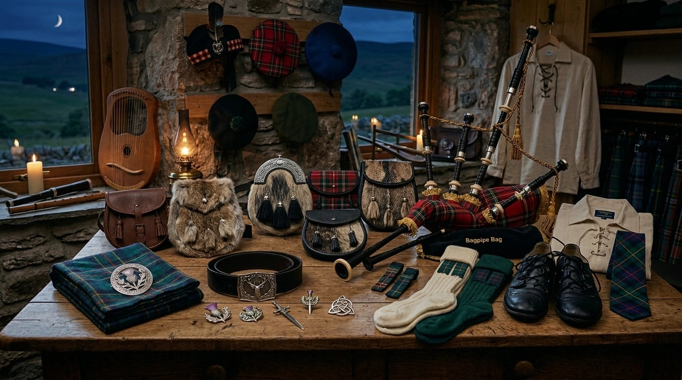 Collection of traditional Scottish Highland accessories including bagpipes, sporrans, tartan fabric, bonnets, and ghillie brogues displayed on a wooden table.