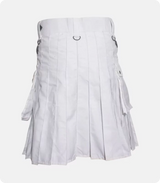 Custom Made Deluxe White Utility Kilt With Leather Straps Back
