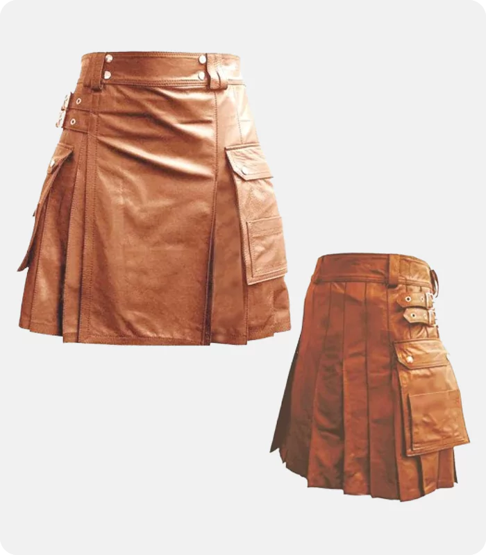 Custom Made Luxurious Stylish Brown Leather Kilt Front & Back