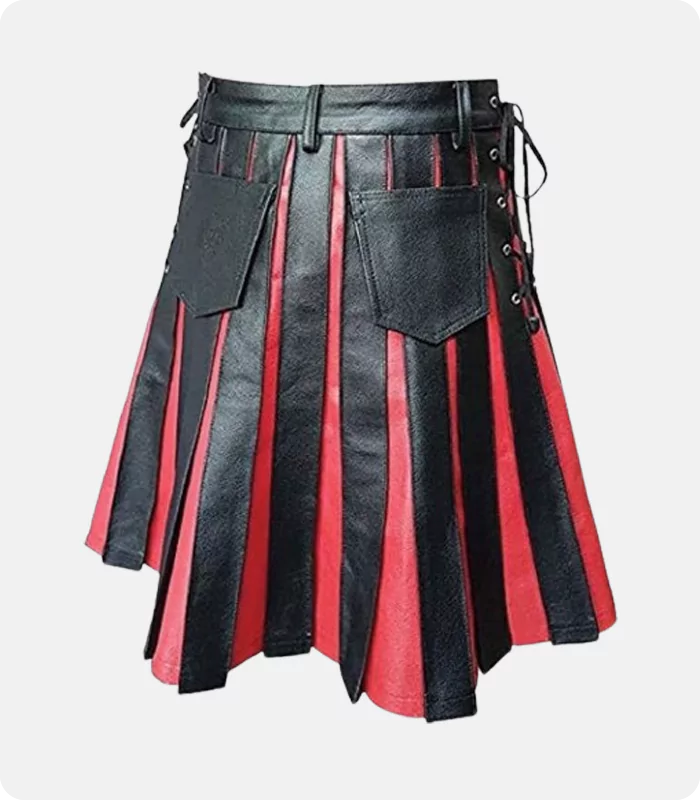 Custom Made Pleated Black & Red Leather Kilt