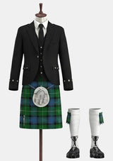 Traditional Scottish kilt outfit on a mannequin with accessories.