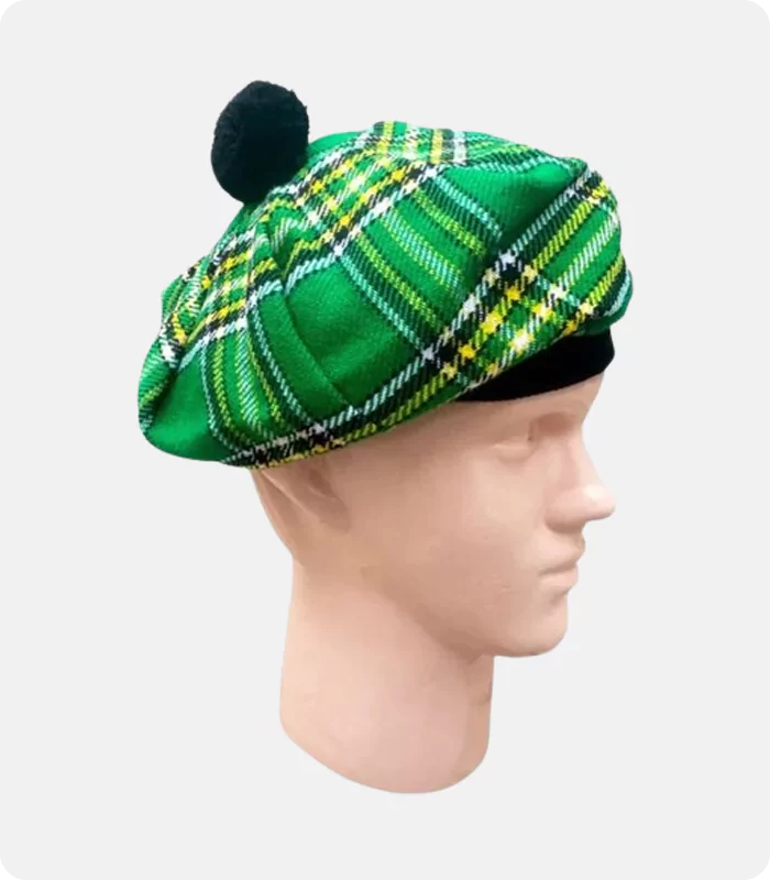 Irish Green Tartan Tam O Shanter Hat Side