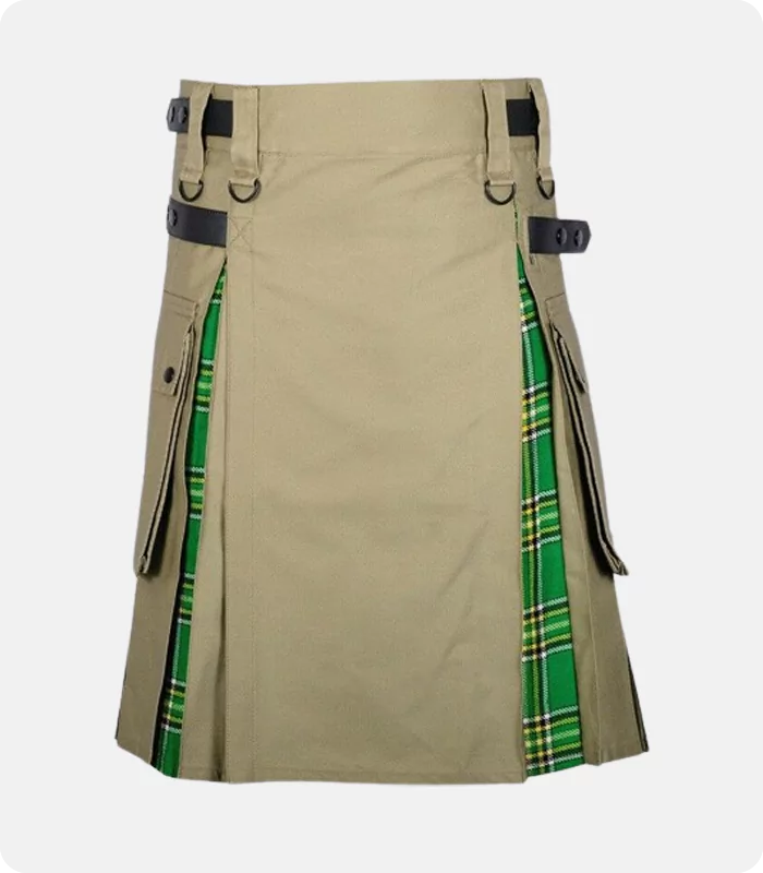 Khaki Cotton Irish Tartan Scottish Utility Cargo Hybrid Kilt