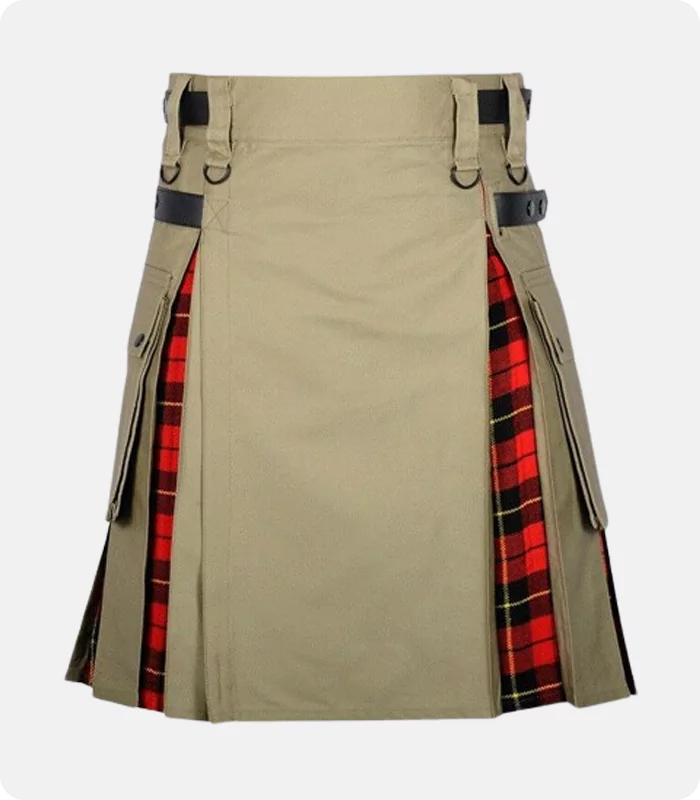 Khaki Cotton Wallace Tartan Scottish Utility Cargo Hybrid Kilt