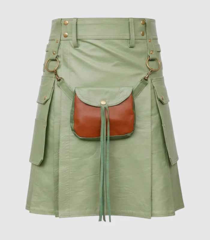 Light Green  Sage Leather Kilt Front