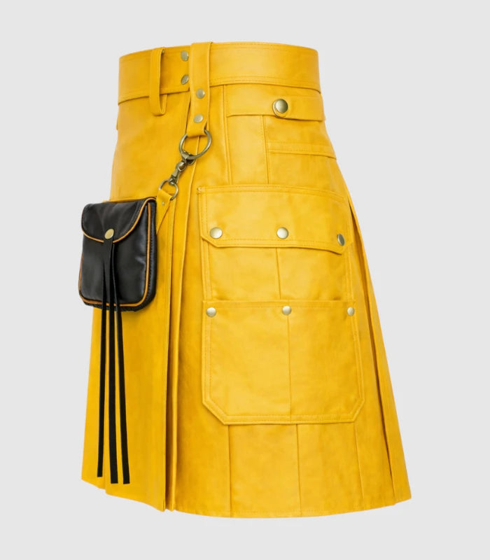 Mustard Yellow Leather Kilt Left Side