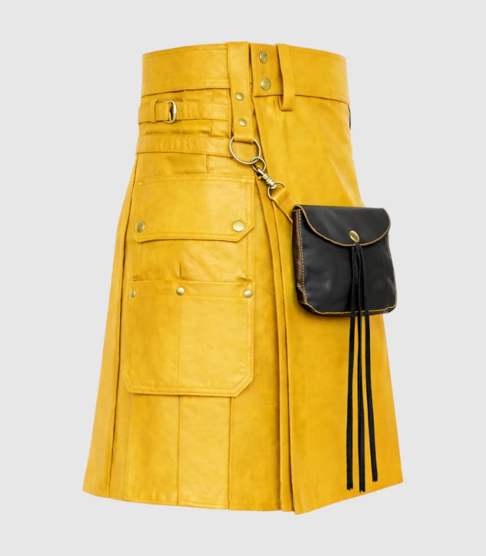 Mustard Yellow Leather Kilt Right Side