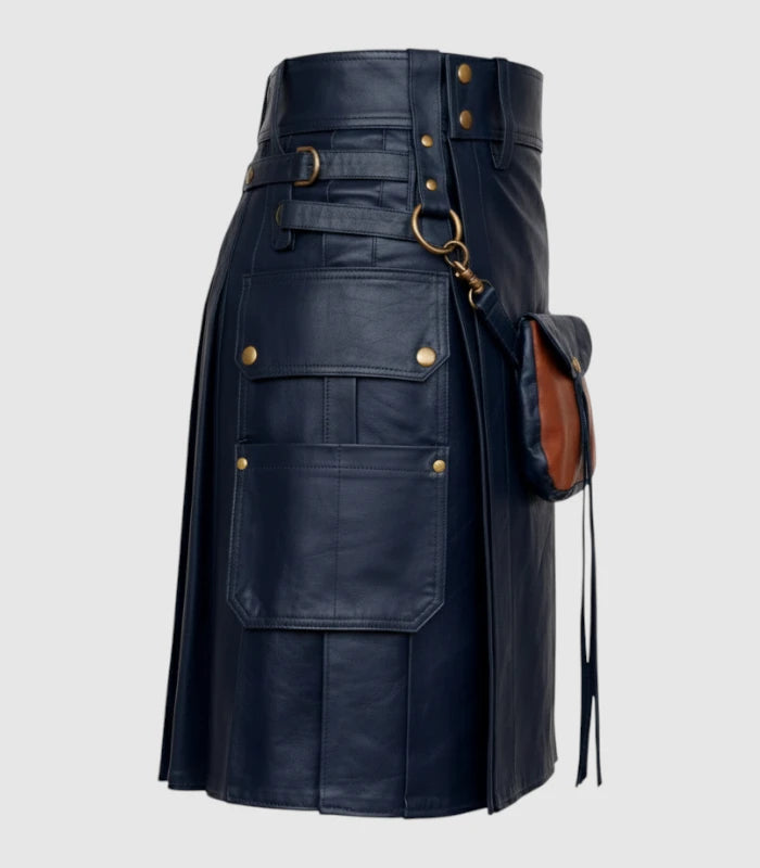 Navy Blue Leather Kilt Right Side