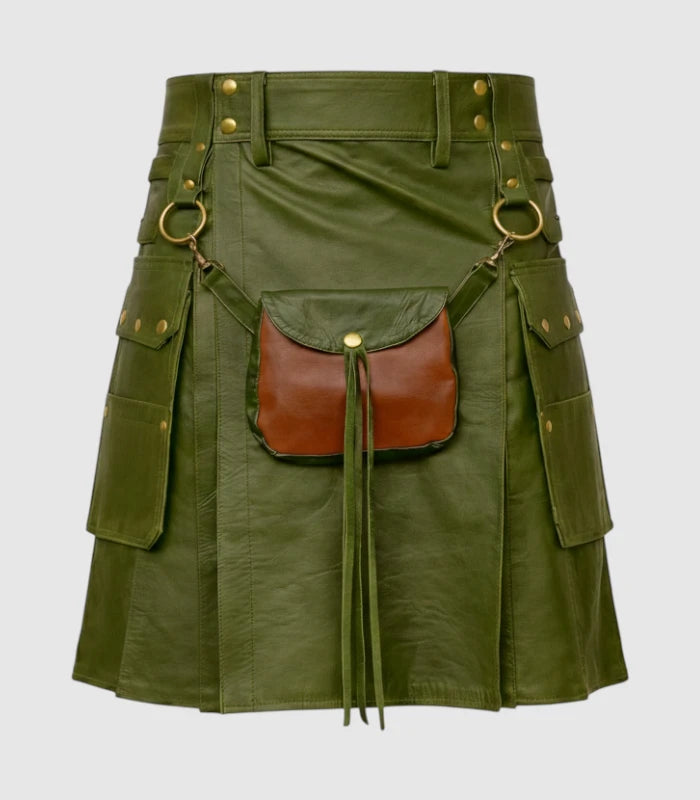 Olive Green Leather Kilt Front