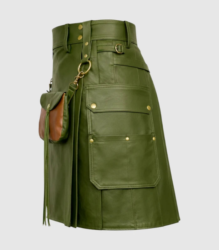 Olive Green Leather Kilt Left Side