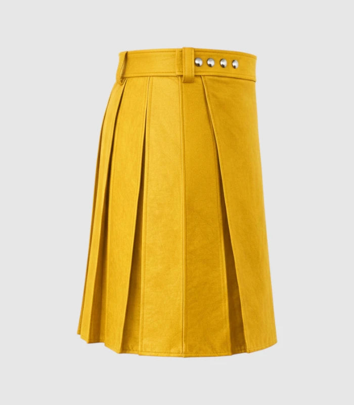 Plain Mustard Yellow Leather Kilt Right Side