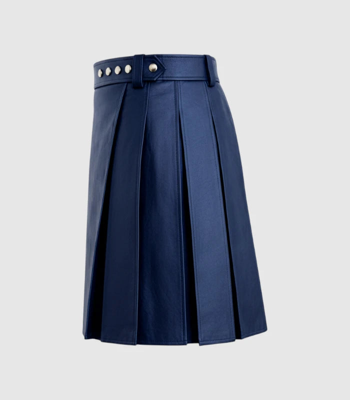 Plain Navy Blue Leather Kilt Left Side