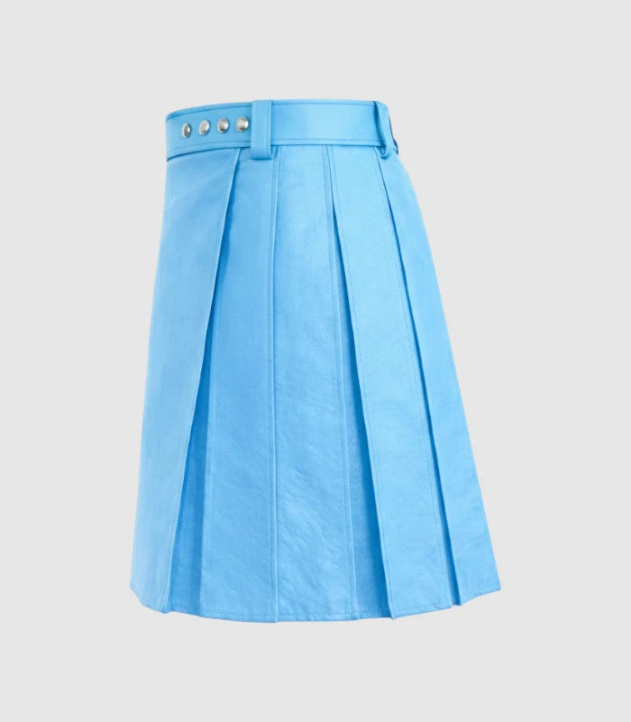 Plain Sky Blue Leather Kilt Left Side