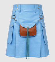 Sky Blue  Cyan Leather Kilt Front