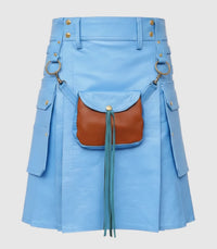 Sky Blue  Cyan Leather Kilt Front