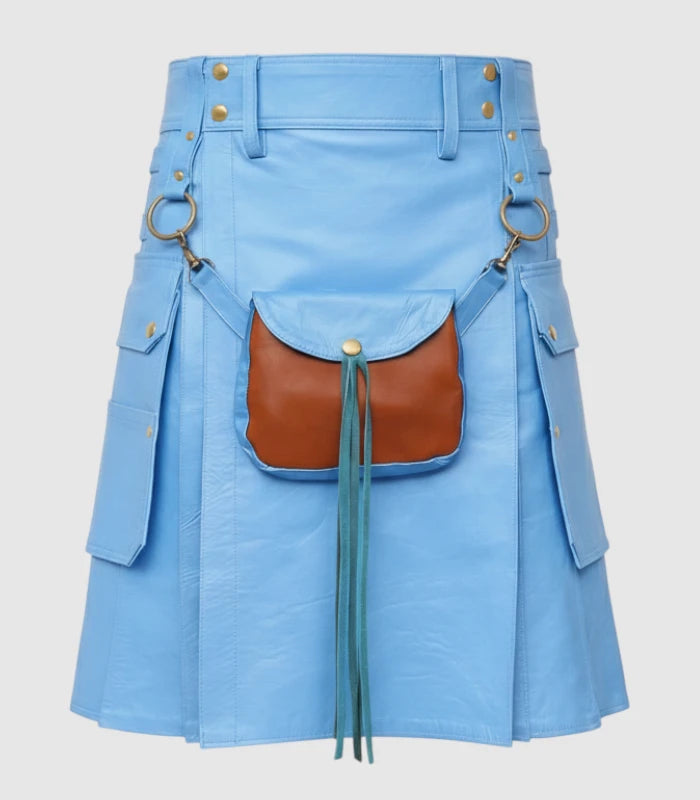 Sky Blue  Cyan Leather Kilt Front