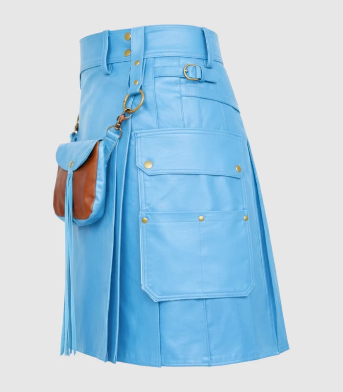 Sky Blue  Cyan Leather Kilt Left Side