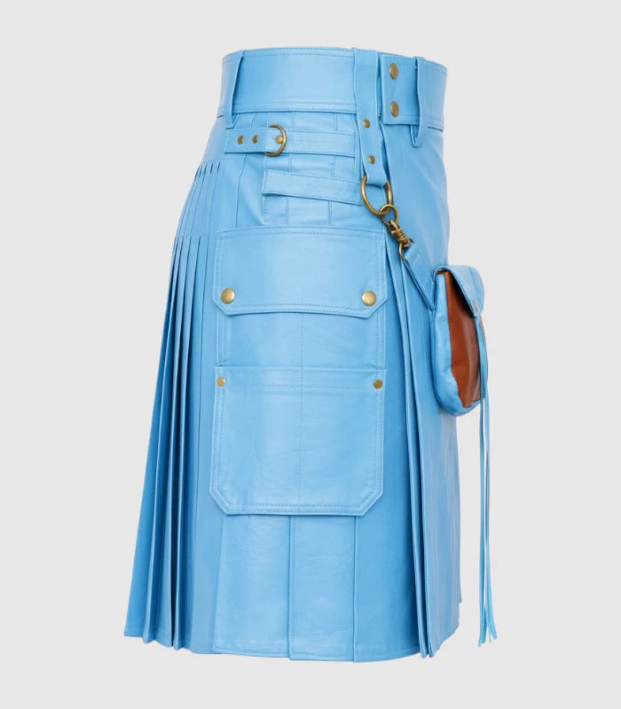 Sky Blue  Cyan Leather Kilt Right Side