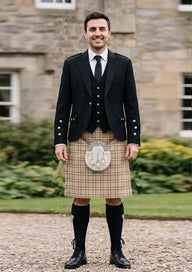 Traditional_Beige_tartan_Kilt_and_Argyle_Jacket_Kilt_Outfit_front_image