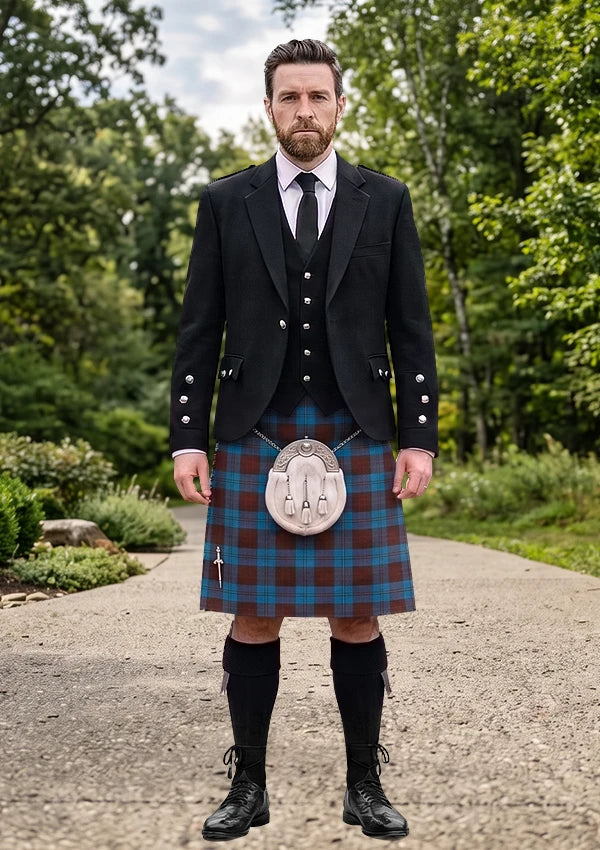Traditional_Cameron_Hunting_Tartan_1745_Kilt_and_Argyle_Jacket_Kilt_Outfit_front_image