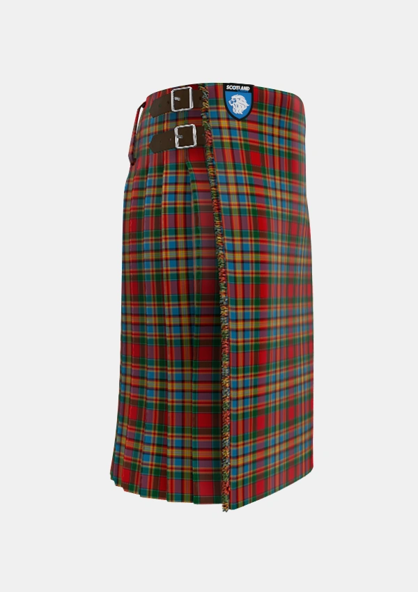 Traditional_Chattan_brown_stripe_variation_Tartan_1620_kilt_right_image_with_pleated_design_and_adjustable_buckles_for_men