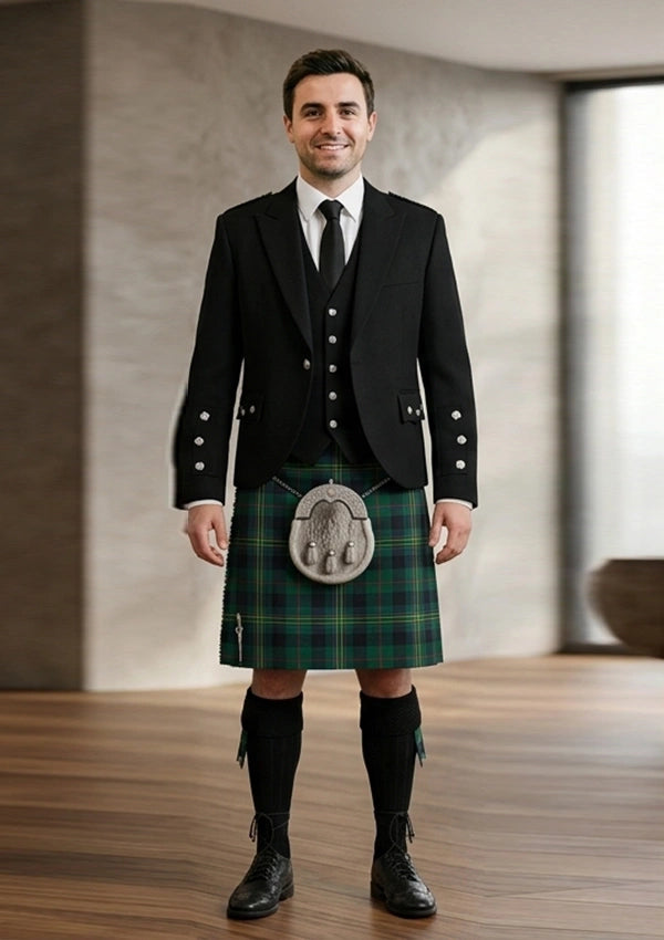 Traditional_Kennedy_tartan_Kilt_and_Argyle_Jacket_Kilt_Outfit_front_image