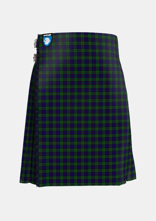 Traditional_MacKinlay_2_4_black_stripes_Tartan_3423_kilt_front_image_with_pleated_design_and_adjustable_buckles_for_men