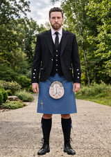 Traditional_Solid_Blue_Tartan_Kilt_and_Argyle_Jacket_Kilt_Outfit_front_image