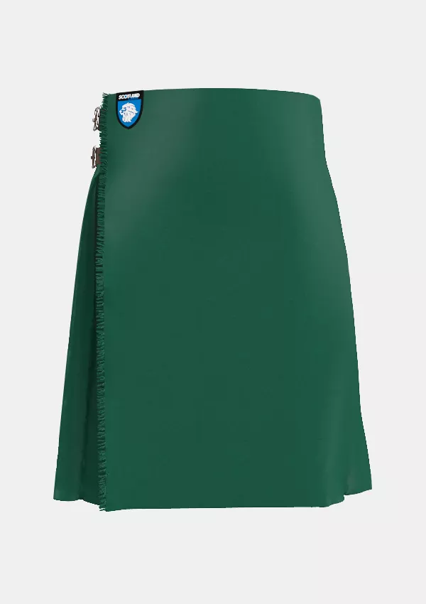 Traditional_Solid_Green_Tartan_kilt_front_image_with_pleated_design_and_adjustable_buckles_for_men