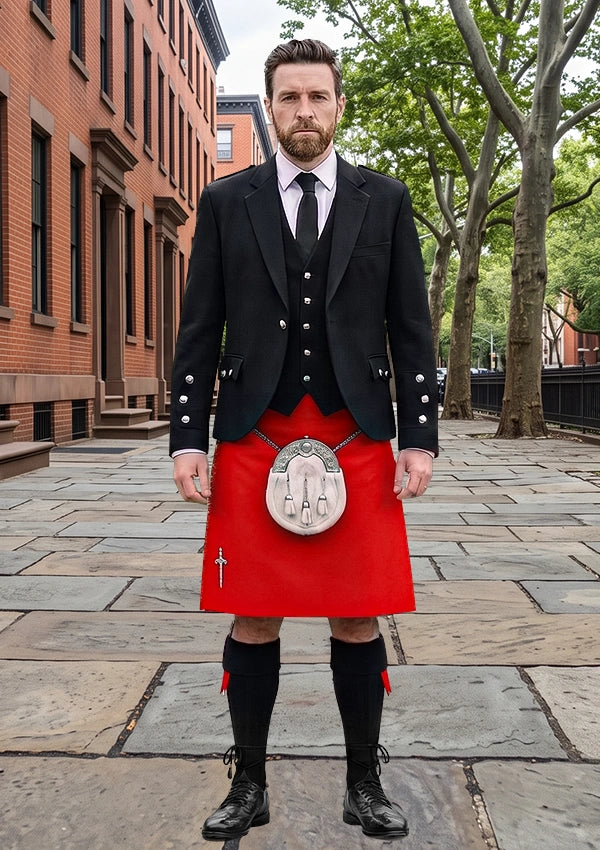 Traditional_Solid_Red_Tartan_Kilt_and_Argyle_Jacket_Kilt_Outfit_front_image