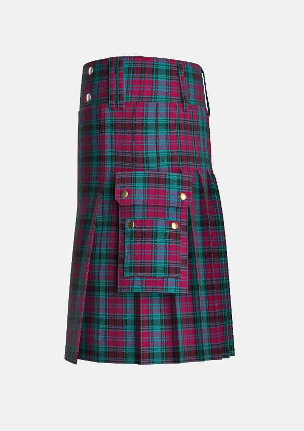 Utility_Alma_College_Tartan_kilt_left_image_with_pleated_design_and_adjustable_buckles_for_men