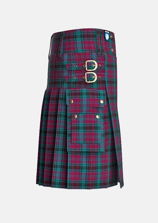 Utility_Alma_College_Tartan_kilt_right_image_with_pleated_design_and_adjustable_buckles_for_men
