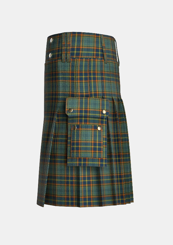 Utility_Antrim_County_Tartan_2282_kilt_left_image_with_pleated_design_and_adjustable_buckles_for_men