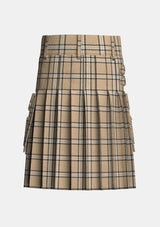 Utility_Beige_tartan_kilt_back_image_with_pleated_design_and_adjustable_buckles_for_men