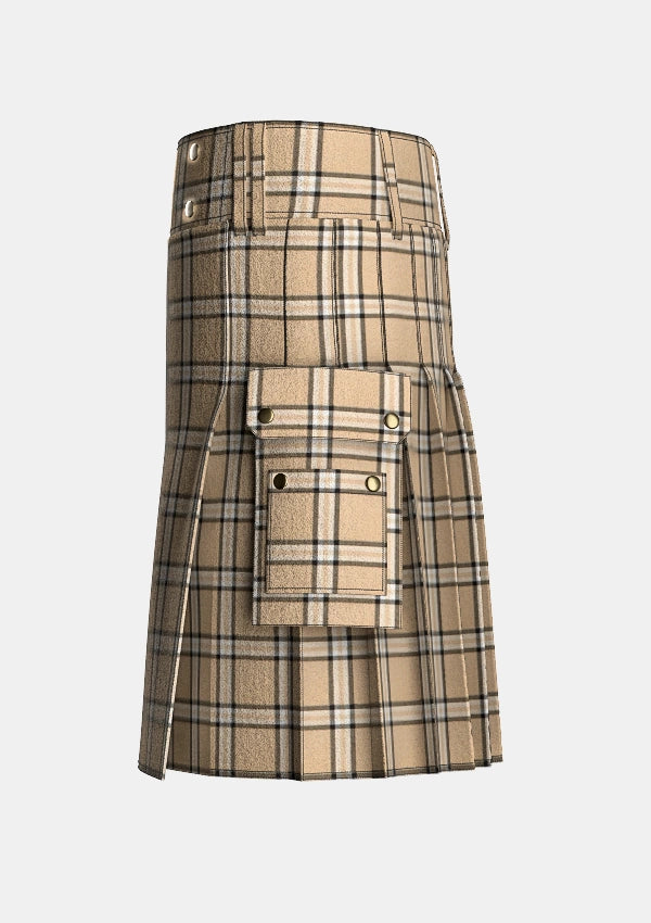Utility_Beige_tartan_kilt_left_image_with_pleated_design_and_adjustable_buckles_for_men