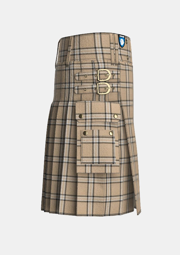 Utility_Beige_tartan_kilt_right_image_with_pleated_design_and_adjustable_buckles_for_men