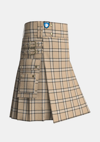Utility_Beige_tartan_kilt_side_image_with_pleated_design_and_adjustable_buckles_for_men