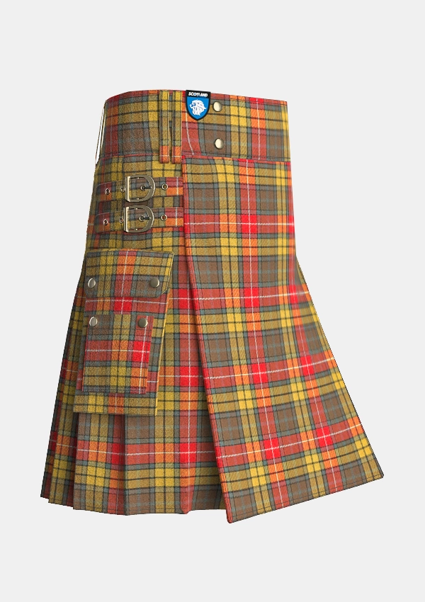 Utility_Buchnan_Weathered_Tartan_kilt_side_image_with_pleated_design_and_adjustable_buckles_for_men