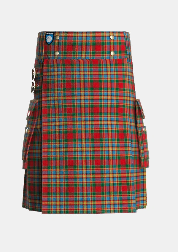 Utility_Chattan_brown_stripe_variation_Tartan_1620_kilt_front_image_with_pleated_design_and_adjustable_buckles_for_men