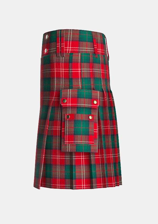 Utility_Chisholm_Red_tartan_kilt_left_image_with_pleated_design_and_adjustable_buckles_for_men