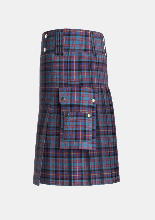 Utility_Cochrane_Azure_Tartan_485_kilt_left_image_with_pleated_design_and_adjustable_buckles_for_men