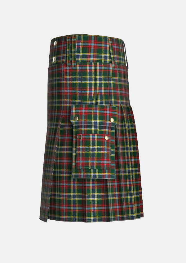 Utility_Currie_of_Arran_Tartan_499_kilt_left_image_with_pleated_design_and_adjustable_buckles_for_men