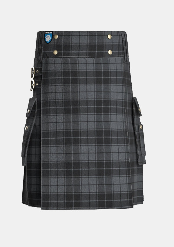 Utility_Dark_Grey_Highlander_Tartan_kilt_front_image_with_pleated_design_and_adjustable_buckles_for_men