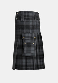Utility_Dark_Grey_Highlander_Tartan_kilt_left_image_with_pleated_design_and_adjustable_buckles_for_men