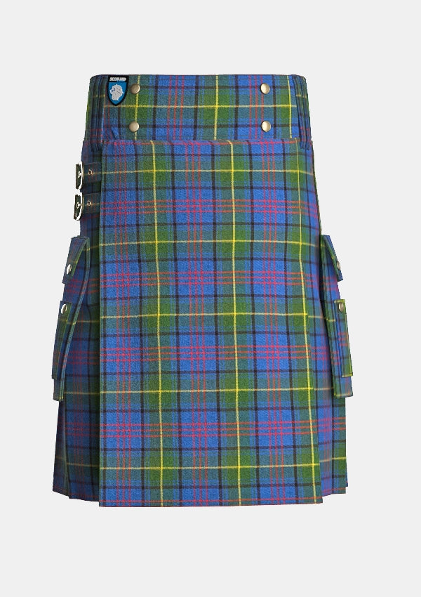 Utility_Donegal_tartan_kilt_front_image_with_pleated_design_and_adjustable_buckles_for_men