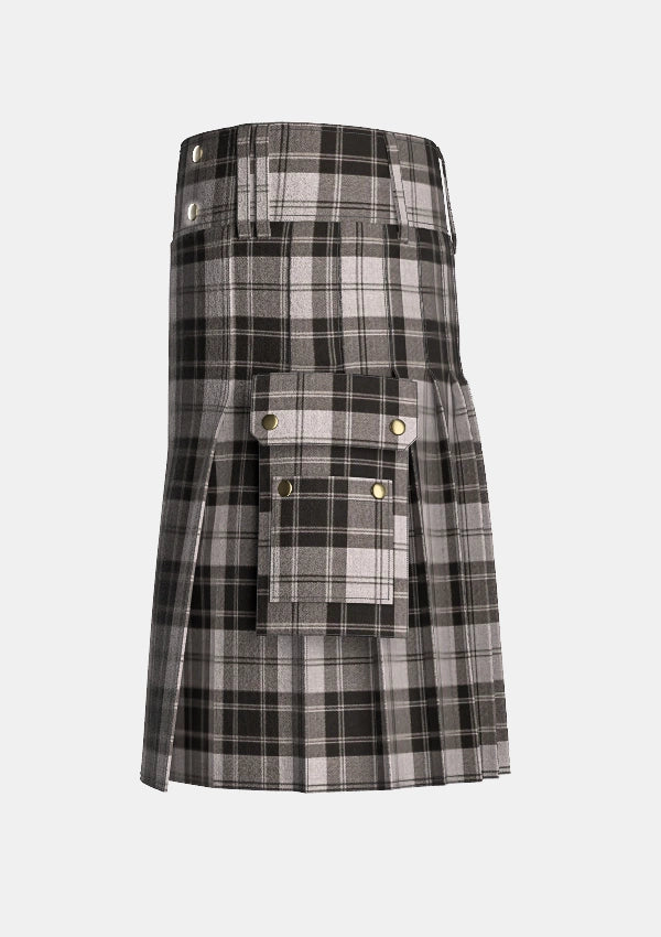 Utility_Douglas_Gray_Tartan_kilt_left_image_with_pleated_design_and_adjustable_buckles_for_men